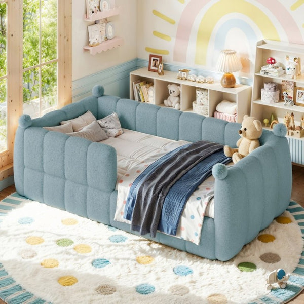English Elm Twin Montessori Floor Bed Padded Surround Rails Low Profile Kids Upholstered Frame Blue W5305P535540