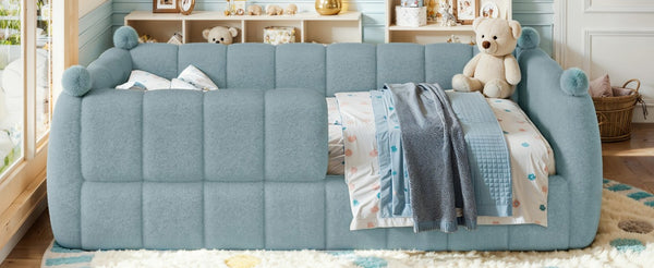 English Elm Twin Montessori Floor Bed Padded Surround Rails Low Profile Kids Upholstered Frame Blue W5305P535540