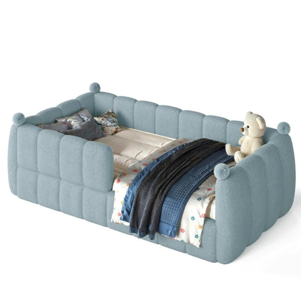 English Elm Twin Montessori Floor Bed Padded Surround Rails Low Profile Kids Upholstered Frame Blue W5305P535540