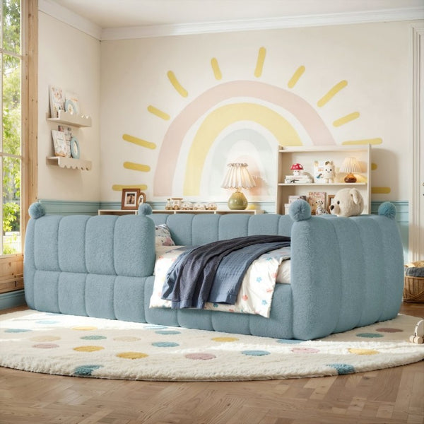 English Elm Twin Montessori Floor Bed Padded Surround Rails Low Profile Kids Upholstered Frame Blue W5305P535540
