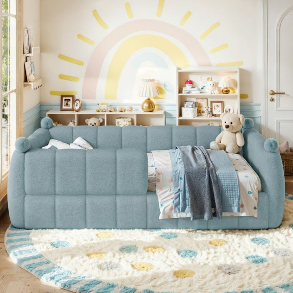 English Elm Twin Montessori Floor Bed Padded Surround Rails Low Profile Kids Upholstered Frame Blue W5305P535540
