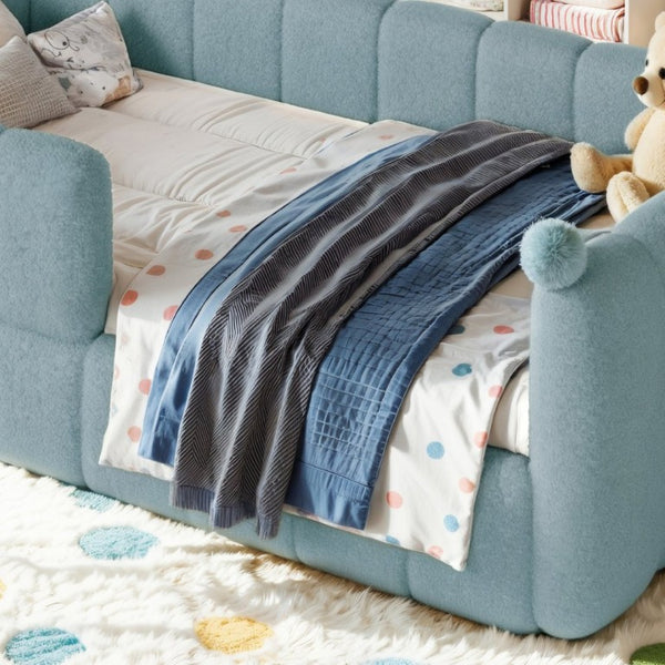 English Elm Twin Montessori Floor Bed Padded Surround Rails Low Profile Kids Upholstered Frame Blue W5305P535540