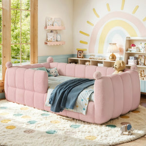 English Elm Twin Montessori Floor Bed Padded Surround Rails Low Profile Kids Upholstered Frame Pink W5305P535542