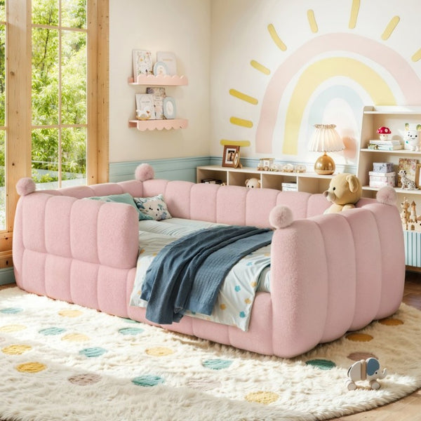 English Elm Twin Montessori Floor Bed Padded Surround Rails Low Profile Kids Upholstered Frame Pink W5305P535542