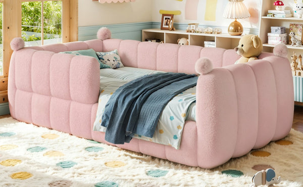 English Elm Twin Montessori Floor Bed Padded Surround Rails Low Profile Kids Upholstered Frame Pink W5305P535542