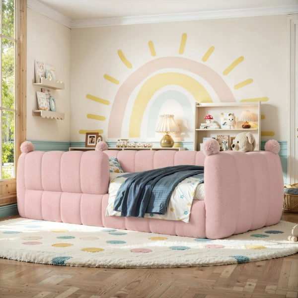 English Elm Twin Montessori Floor Bed Padded Surround Rails Low Profile Kids Upholstered Frame Pink W5305P535542