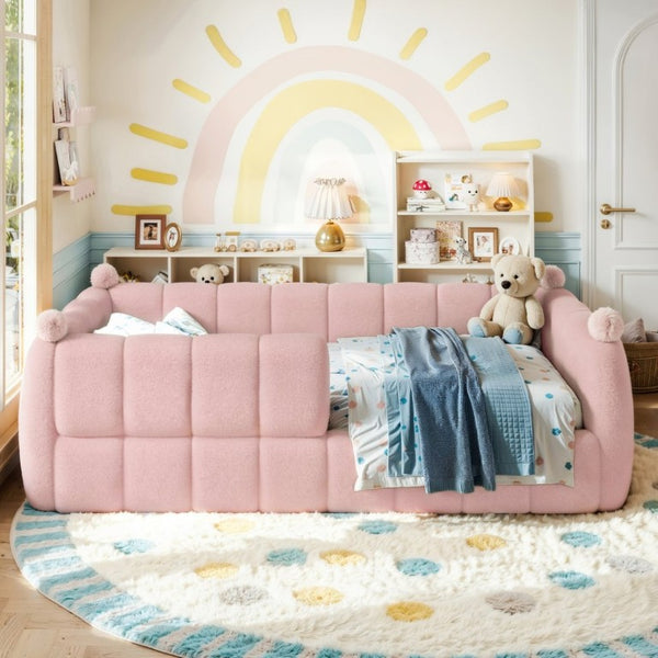English Elm Twin Montessori Floor Bed Padded Surround Rails Low Profile Kids Upholstered Frame Pink W5305P535542