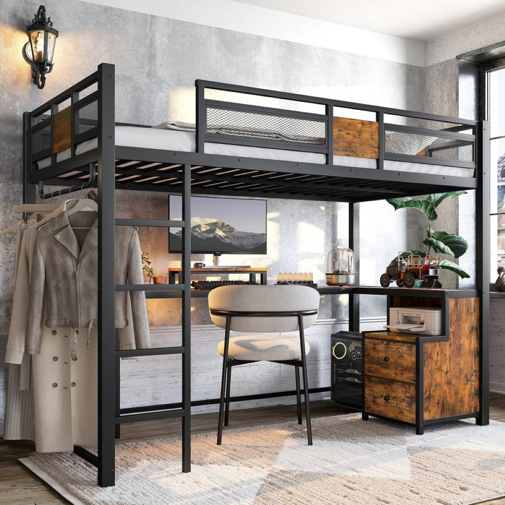 English Elm Twin Xl Metal Loft Bed with Built-in Desk Fabric Drawers and Noise-free Steel Frame W5305S00004