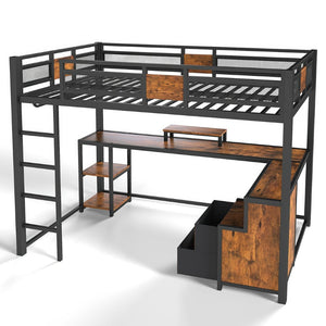 English Elm Twin Xl Metal Loft Bed with Built-in Desk Fabric Drawers and Noise-free Steel Frame W5305S00004