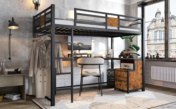 English Elm Twin Xl Metal Loft Bed with Built-in Desk Fabric Drawers and Noise-free Steel Frame W5305S00004