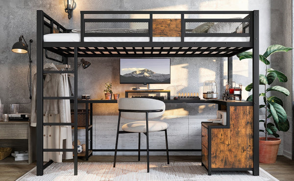 English Elm Twin Xl Metal Loft Bed with Built-in Desk Fabric Drawers and Noise-free Steel Frame W5305S00004