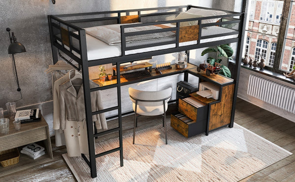 English Elm Twin Xl Metal Loft Bed with Built-in Desk Fabric Drawers and Noise-free Steel Frame W5305S00004