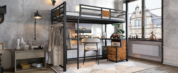 English Elm Twin Xl Metal Loft Bed with Built-in Desk Fabric Drawers and Noise-free Steel Frame W5305S00004