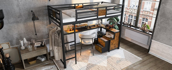 English Elm Twin Xl Metal Loft Bed with Built-in Desk Fabric Drawers and Noise-free Steel Frame W5305S00004