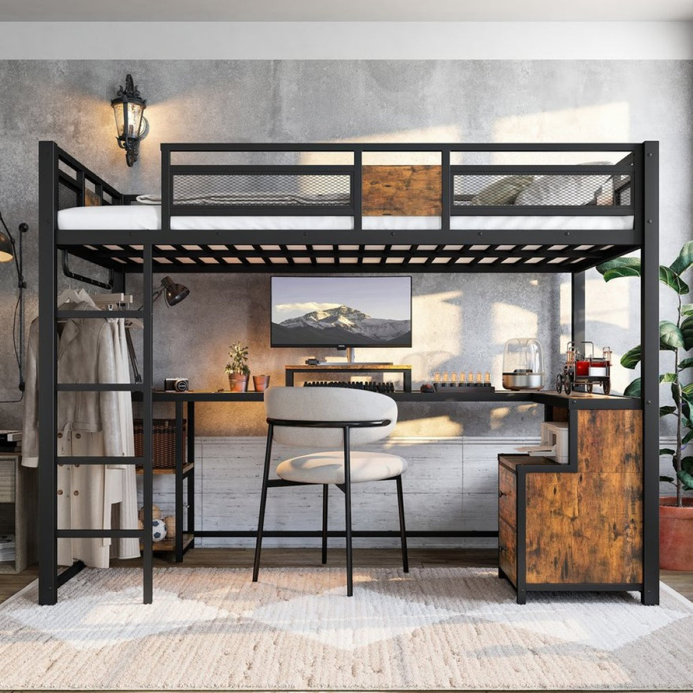 English Elm Twin Xl Metal Loft Bed with Built-in Desk Fabric Drawers and Noise-free Steel Frame W5305S00004