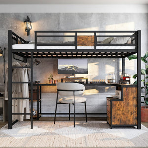 English Elm Twin Xl Metal Loft Bed with Built-in Desk Fabric Drawers and Noise-free Steel Frame W5305S00004