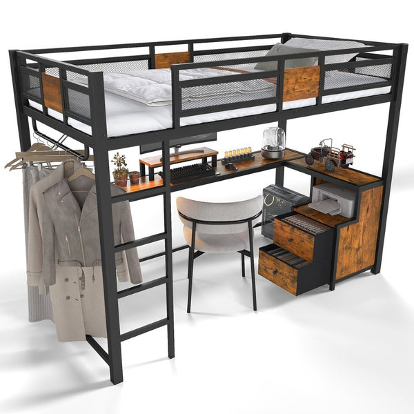 English Elm Twin Xl Metal Loft Bed with Built-in Desk Fabric Drawers and Noise-free Steel Frame W5305S00004