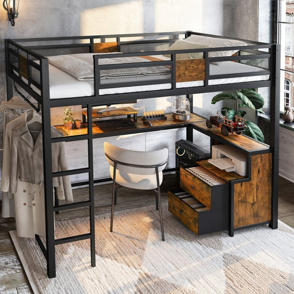 English Elm Twin Xl Metal Loft Bed with Built-in Desk Fabric Drawers and Noise-free Steel Frame W5305S00004