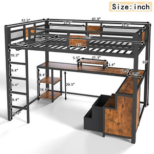 English Elm Twin Xl Metal Loft Bed with Built-in Desk Fabric Drawers and Noise-free Steel Frame W5305S00004