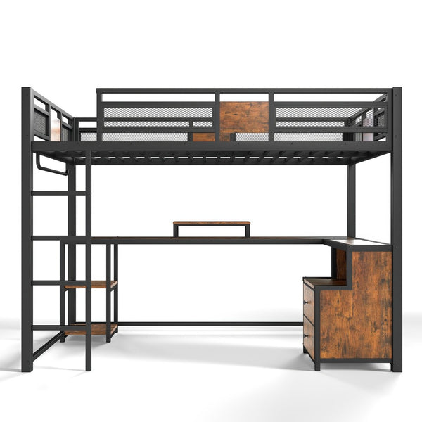 English Elm Twin Xl Metal Loft Bed with Built-in Desk Fabric Drawers and Noise-free Steel Frame W5305S00004