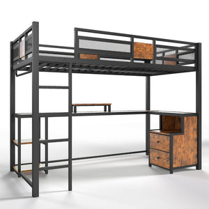English Elm Twin Xl Metal Loft Bed with Built-in Desk Fabric Drawers and Noise-free Steel Frame W5305S00004