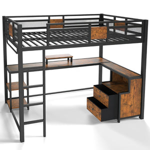 English Elm Twin Xl Metal Loft Bed with Built-in Desk Fabric Drawers and Noise-free Steel Frame W5305S00004