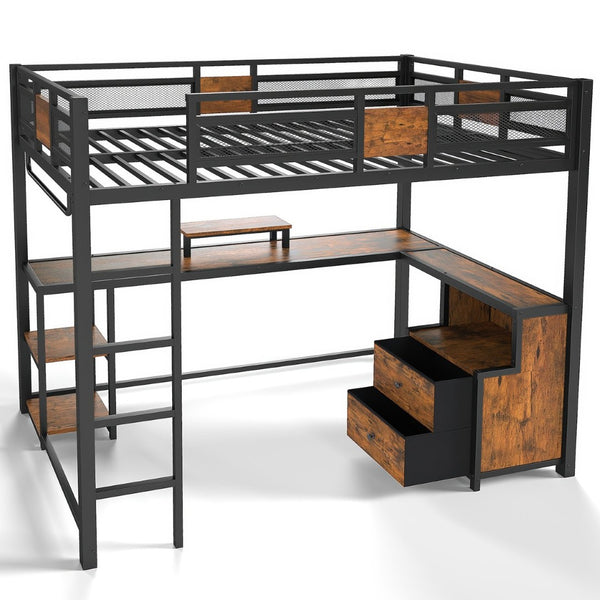 English Elm Twin Xl Metal Loft Bed with Built-in Desk Fabric Drawers and Noise-free Steel Frame W5305S00004