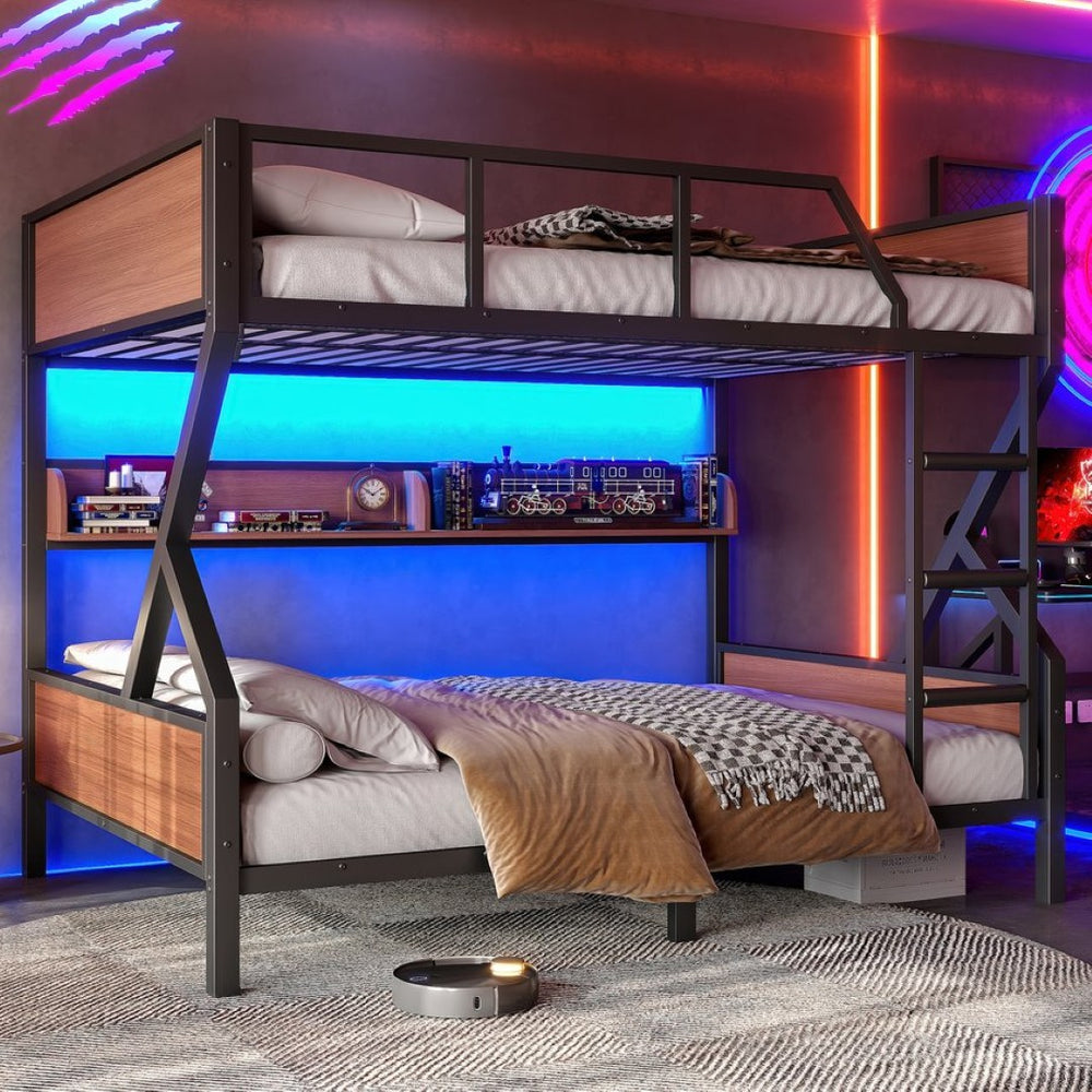 English Elm Full Over Bunk Bed Heavy Duty Metal Frame with Built-in Shelving and Led Lighting W5305S00012