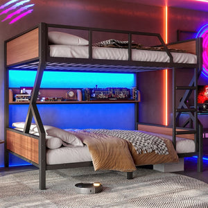 English Elm Full Over Bunk Bed Heavy Duty Metal Frame with Built-in Shelving and Led Lighting W5305S00012