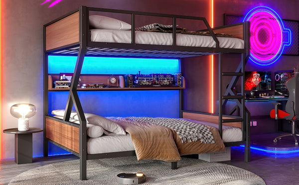 English Elm Full Over Bunk Bed Heavy Duty Metal Frame with Built-in Shelving and Led Lighting W5305S00012