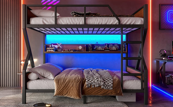 English Elm Full Over Bunk Bed Heavy Duty Metal Frame with Built-in Shelving and Led Lighting W5305S00012