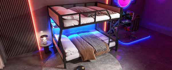 English Elm Full Over Bunk Bed Heavy Duty Metal Frame with Built-in Shelving and Led Lighting W5305S00012