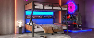 English Elm Full Over Bunk Bed Heavy Duty Metal Frame with Built-in Shelving and Led Lighting W5305S00012