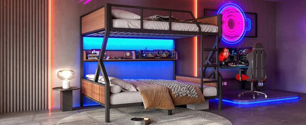 English Elm Full Over Bunk Bed Heavy Duty Metal Frame with Built-in Shelving and Led Lighting W5305S00012