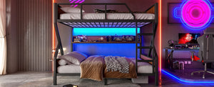 English Elm Full Over Bunk Bed Heavy Duty Metal Frame with Built-in Shelving and Led Lighting W5305S00012