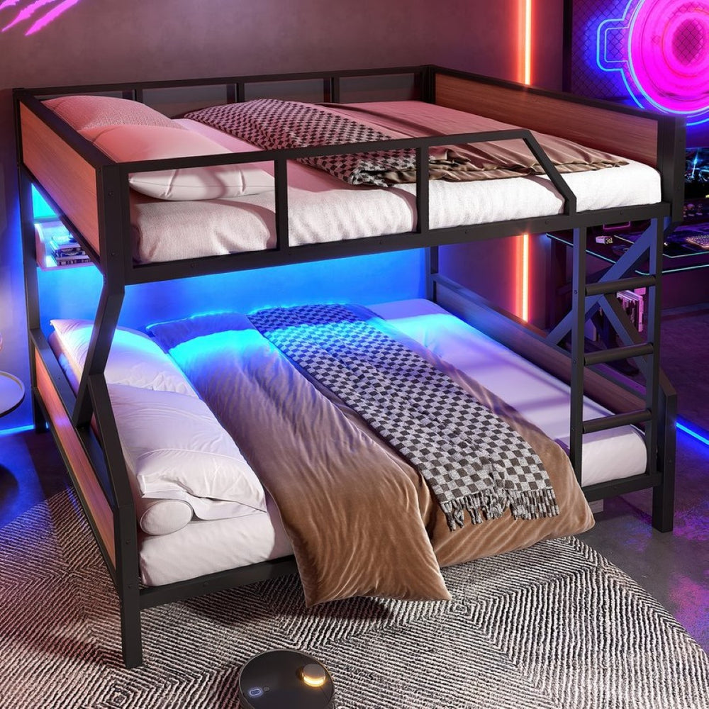 English Elm Full Over Bunk Bed Heavy Duty Metal Frame with Built-in Shelving and Led Lighting W5305S00012