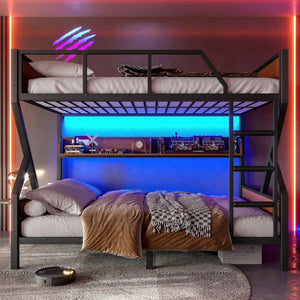 English Elm Full Over Bunk Bed Heavy Duty Metal Frame with Built-in Shelving and Led Lighting W5305S00012