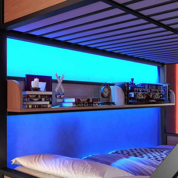 English Elm Full Over Bunk Bed Heavy Duty Metal Frame with Built-in Shelving and Led Lighting W5305S00012
