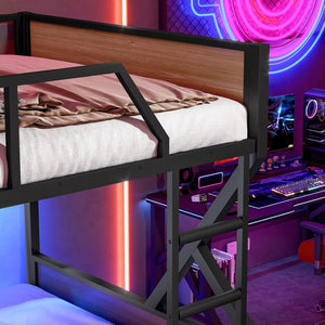 English Elm Full Over Bunk Bed Heavy Duty Metal Frame with Built-in Shelving and Led Lighting W5305S00012