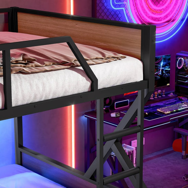 English Elm Full Over Bunk Bed Heavy Duty Metal Frame with Built-in Shelving and Led Lighting W5305S00012