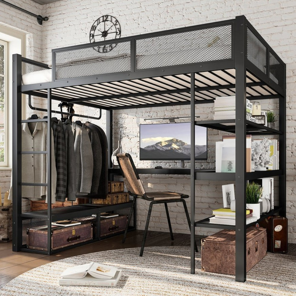 English Elm Queen Metal Loft Bed with Built-in Desk Shelves and Hanging Rod for Small Spaces W5305S00031