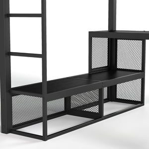 English Elm Queen Metal Loft Bed with Built-in Desk Shelves and Hanging Rod for Small Spaces W5305S00031