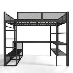 English Elm Queen Metal Loft Bed with Built-in Desk Shelves and Hanging Rod for Small Spaces W5305S00031