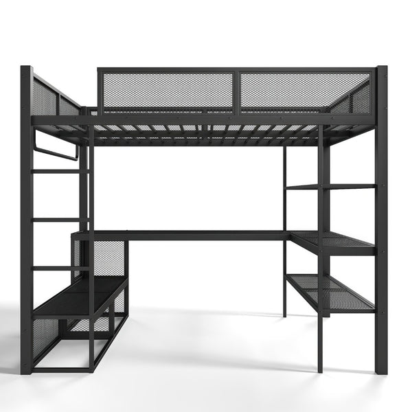 English Elm Queen Metal Loft Bed with Built-in Desk Shelves and Hanging Rod for Small Spaces W5305S00031