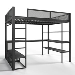 English Elm Queen Metal Loft Bed with Built-in Desk Shelves and Hanging Rod for Small Spaces W5305S00031