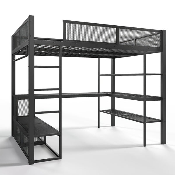 English Elm Queen Metal Loft Bed with Built-in Desk Shelves and Hanging Rod for Small Spaces W5305S00031