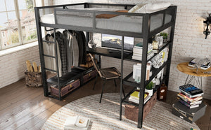 English Elm Queen Metal Loft Bed with Built-in Desk Shelves and Hanging Rod for Small Spaces W5305S00031