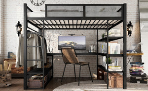 English Elm Queen Metal Loft Bed with Built-in Desk Shelves and Hanging Rod for Small Spaces W5305S00031