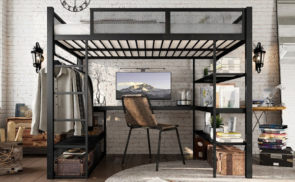 English Elm Queen Metal Loft Bed with Built-in Desk Shelves and Hanging Rod for Small Spaces W5305S00031