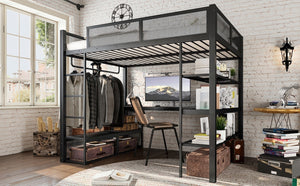 English Elm Queen Metal Loft Bed with Built-in Desk Shelves and Hanging Rod for Small Spaces W5305S00031